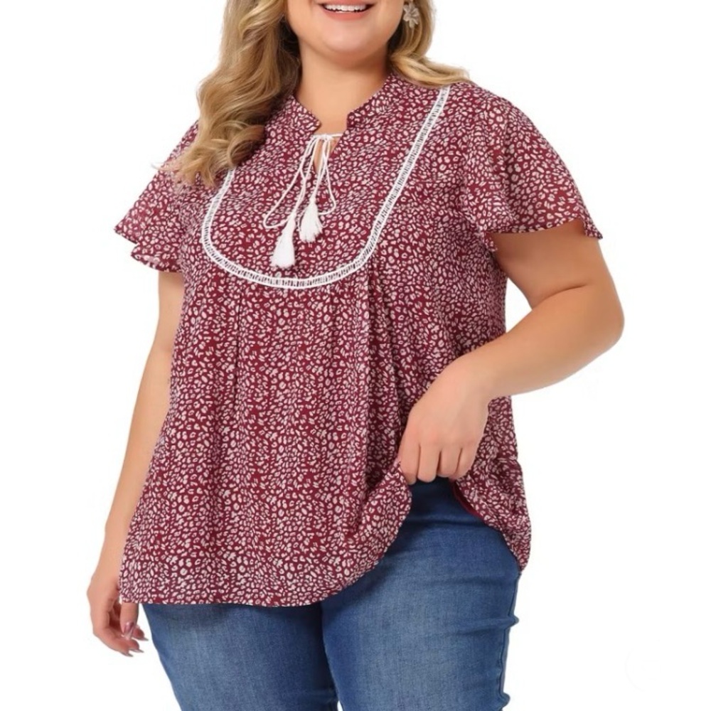 Plus Size Bib Peasant Ditsy Floral Tassel Tie Neck Keyhole Chiffon Blouse Red